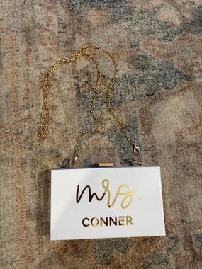 Personalized White "Mrs." Acrylic Clutch with Gold Chain